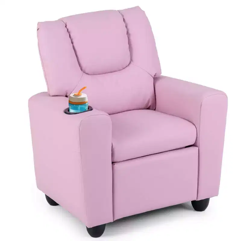 Kids Recliner Chair with Cup Holder – Beige / Black / Brown / Pink, Push-Back Style, 1-Seat