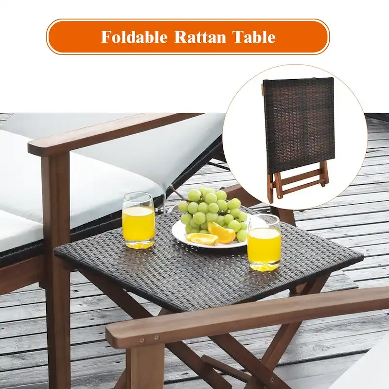 Costway 3PCS Patio Rattan Lounge Chair Folding Table Set Chaise Wood