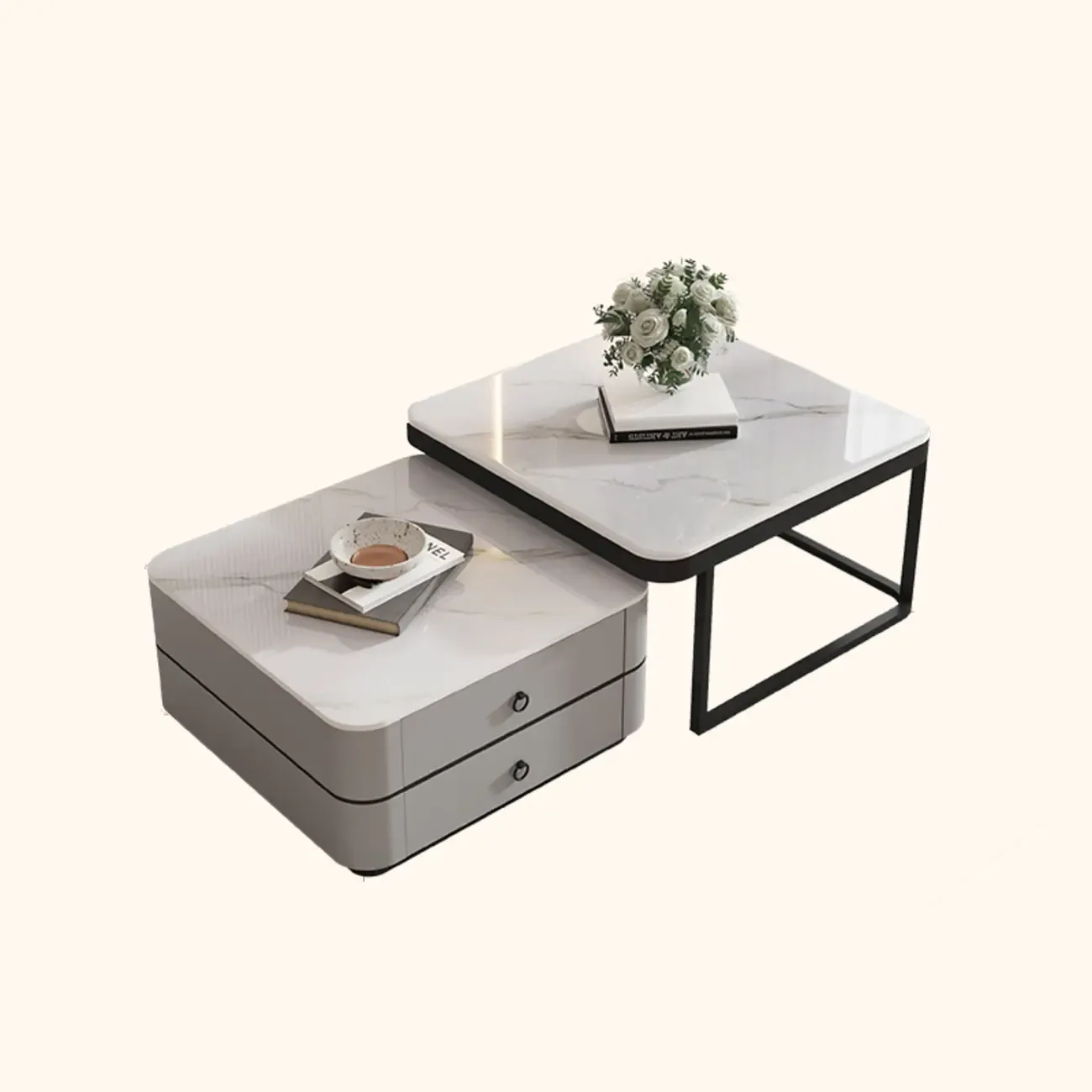 Modern Rectangular Marble Coffee Table Set with Drawers
