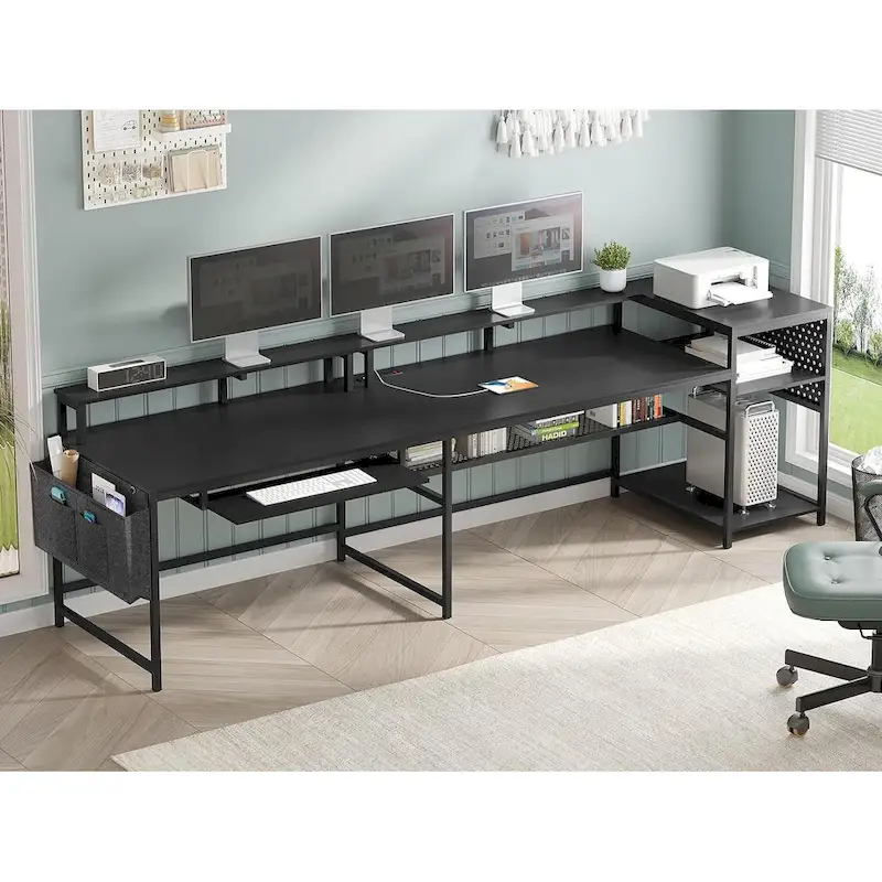 L Shaped Computer Desk Gaming Desk Keyboard Tray Power Outlets & LED