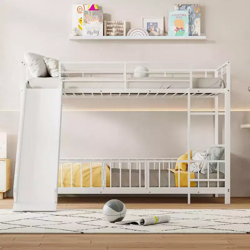 Whisen Stylish Design Metal Bunk Bed with Slide and Guardrails