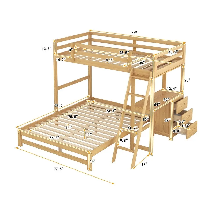 Twin over Full Bunk Bed with Built-in Desk,3 Drawers