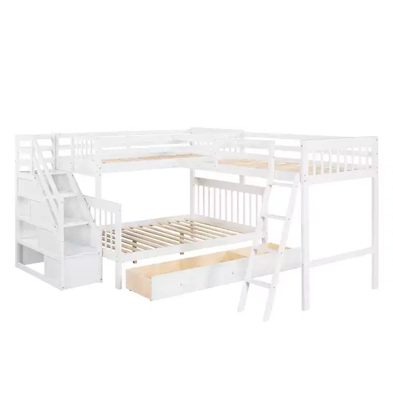 Stylish Design Twin over Full L-Shaped Bunk Bed With 3 Drawers, Ladder and Staircase