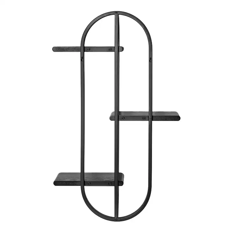 3-Tier Arched Floating Wall Shelf – Black Metal & Wood, 18x5.5x30 in