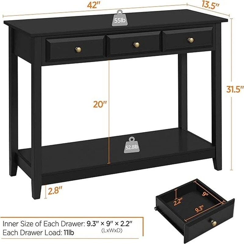 Console Table with 3 Drawers - 13.5D x 42W x 31.5H