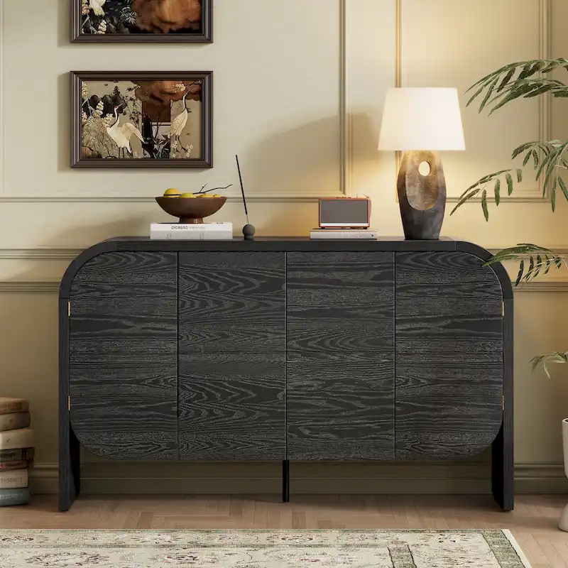 Wooden Sideboard Buffet Cabinet with Curvy Edge & Adjustable Shelves