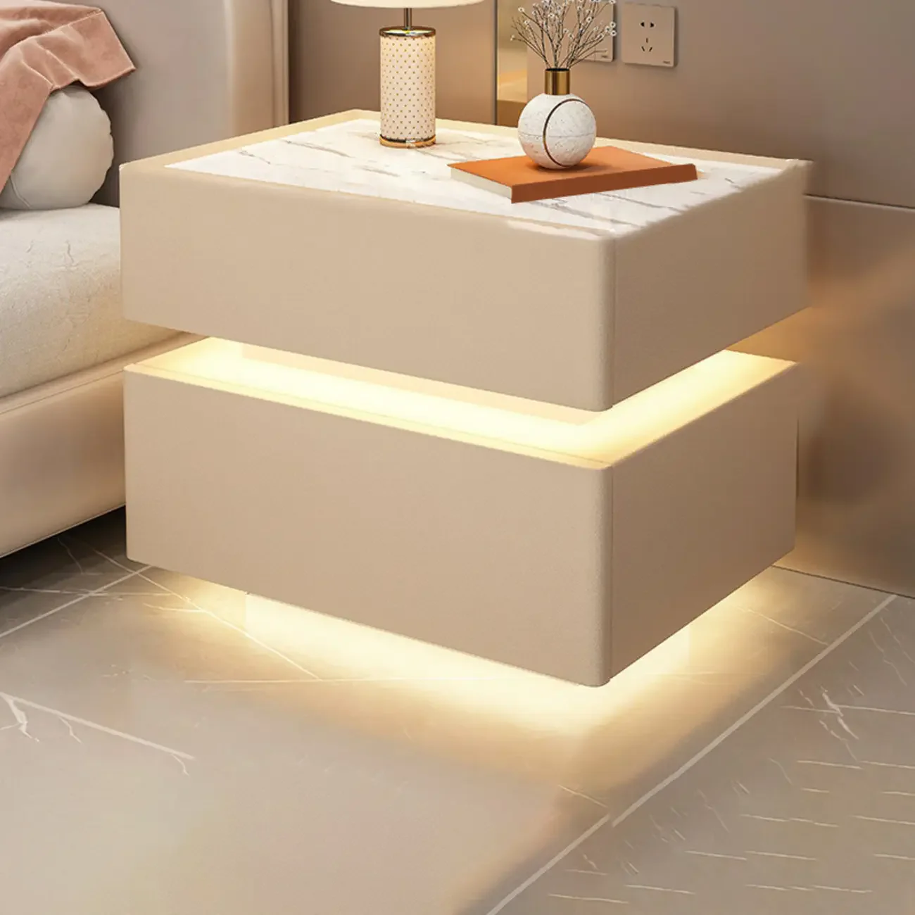 LED 2-Tier White Wooden Floating Nightstand with Drawer