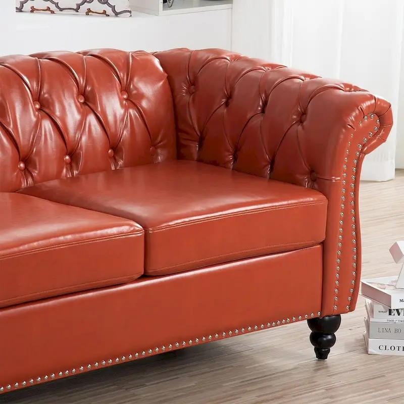 84.65 Chesterfield Tufted Faux Leather Sofa with Rolled Arms