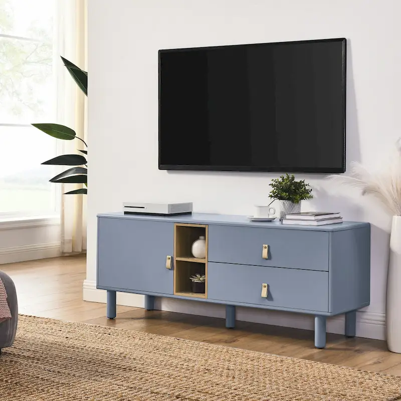 54.57 Multi-functional TV Stand with Leather Handles, Open Storage Compartment and Two Drawer