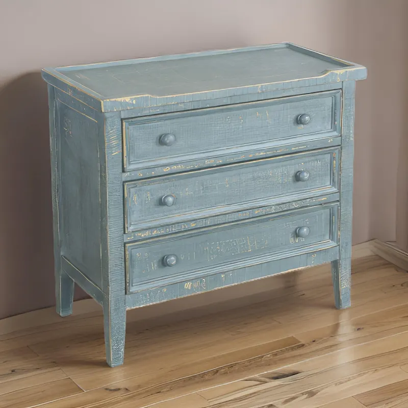 Rena Side End Table with 3 Drawers, 28 Inch Rustic Green Mahogany Wood