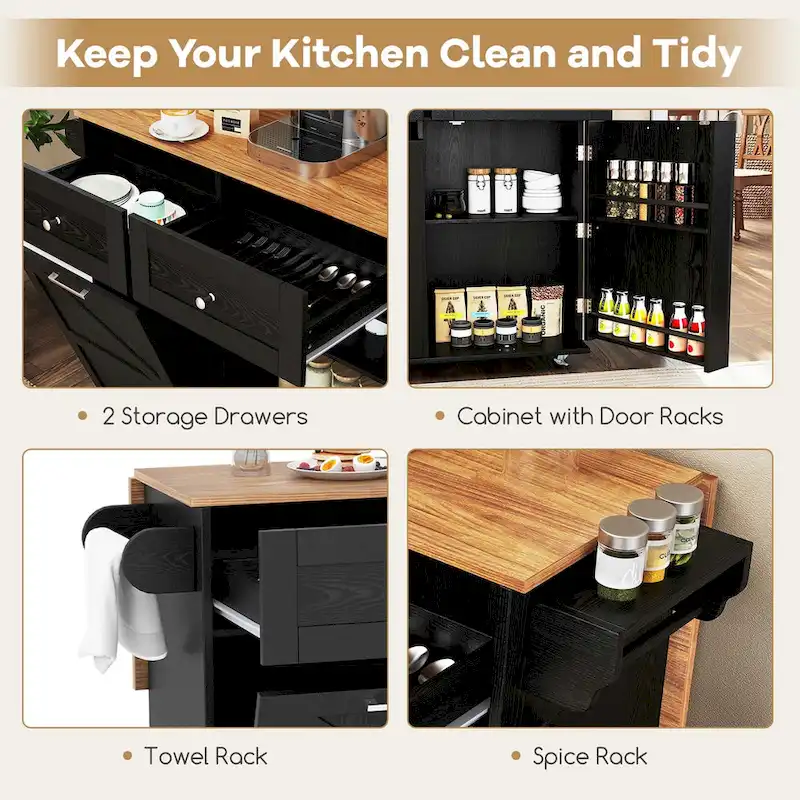 Drop-Leaf Rolling Kitchen Island Cart with Trash Cabinet & Storage – Black / White, Single