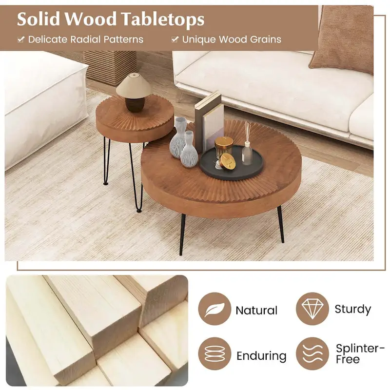 Farmhouse Round Coffee Table End Table Natural Finish