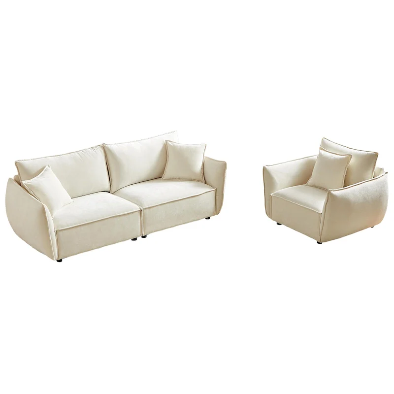 2-Pieces Linen Fabric 4-Seat Modular Sofa Set with 3+1 Seater Combo and Wooden Frame & 3 Pillows