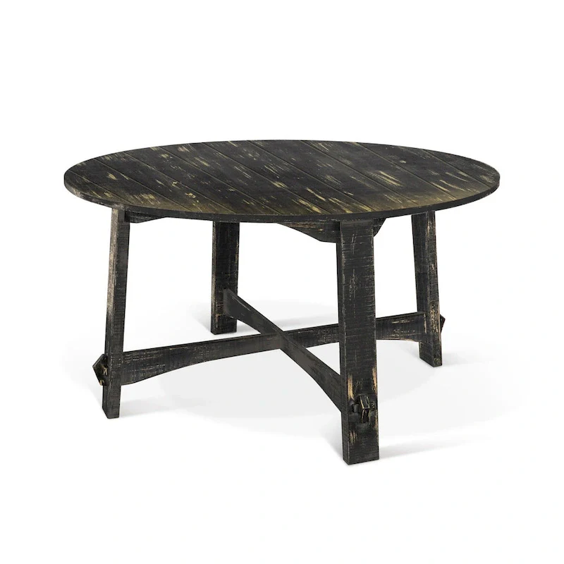 Rena Dining Table, 54 Inch Round Planked Black Smoke Mahogany Wood