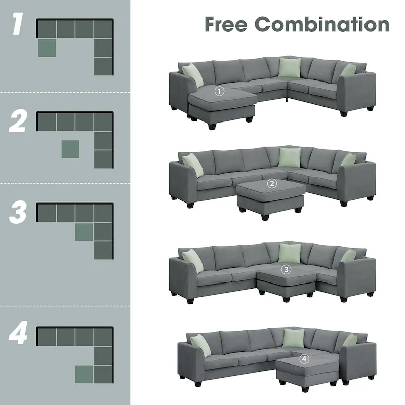 112*87 Sectional Sofa Couches Living Room Sets 7 Seats Modular Sectional Sofa with 3 Pillows, Grey