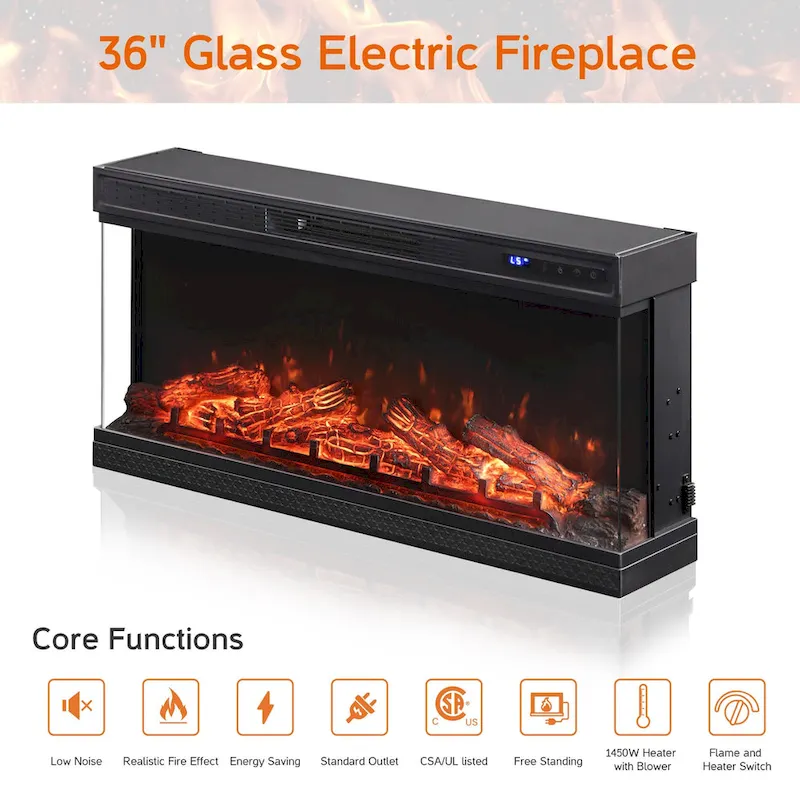 WAMPAT 36 inch 3 Sided Glass Electric Fireplace InsertBlack