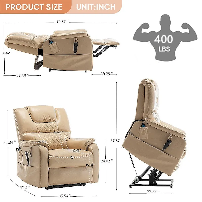 Dual Motor Power Lift Recliner, Brown/Yellow/Black, Heat & Massage, 180°, Seats 1