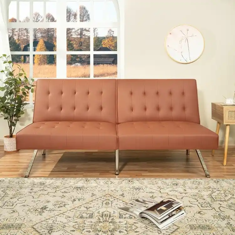 Tufted Mid-Century Modern Split Back Futon Sofa Couch Bed with Chrome Legs