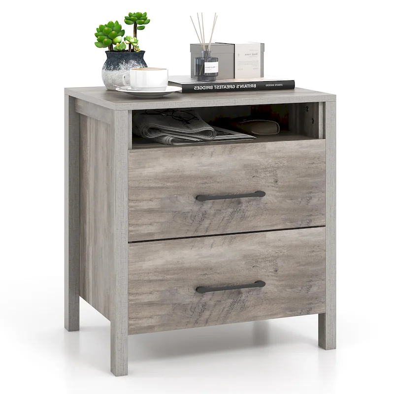 Gymax Nightstand w/ 2 Drawers Farmhouse Bed Side Table w/ Open Storage