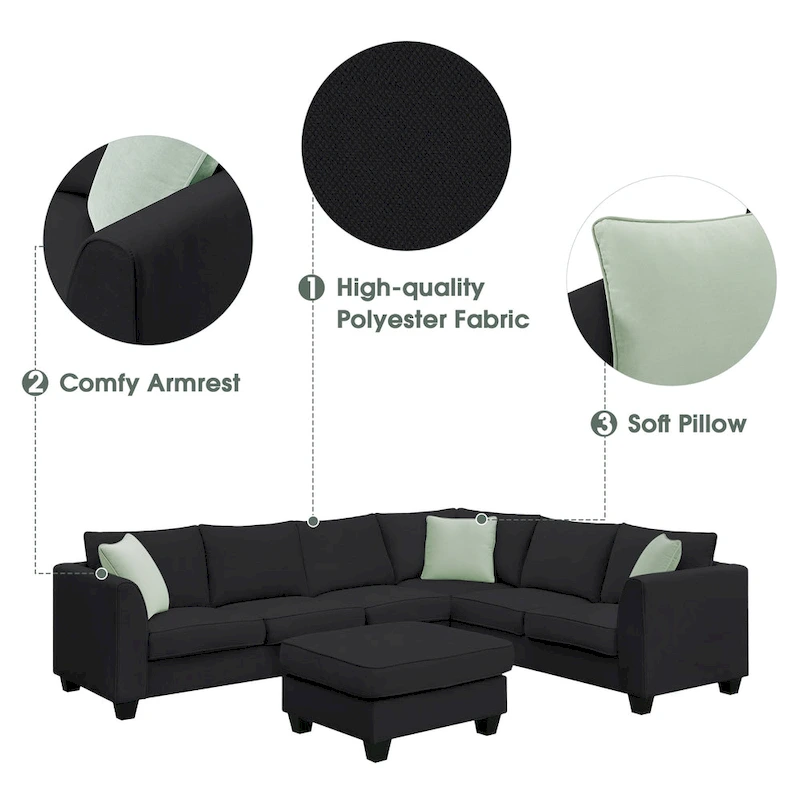 112*87  Sectional Sofa Couches Living Room Sets 7 Seats Modular Sectional Sofa with 3 Pillows, Black