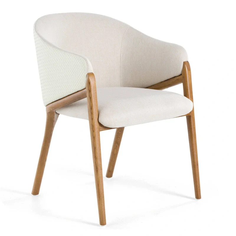 Lunde Cream Fabric, Cream Vegan Leather and Walnut Dining Arm Chair