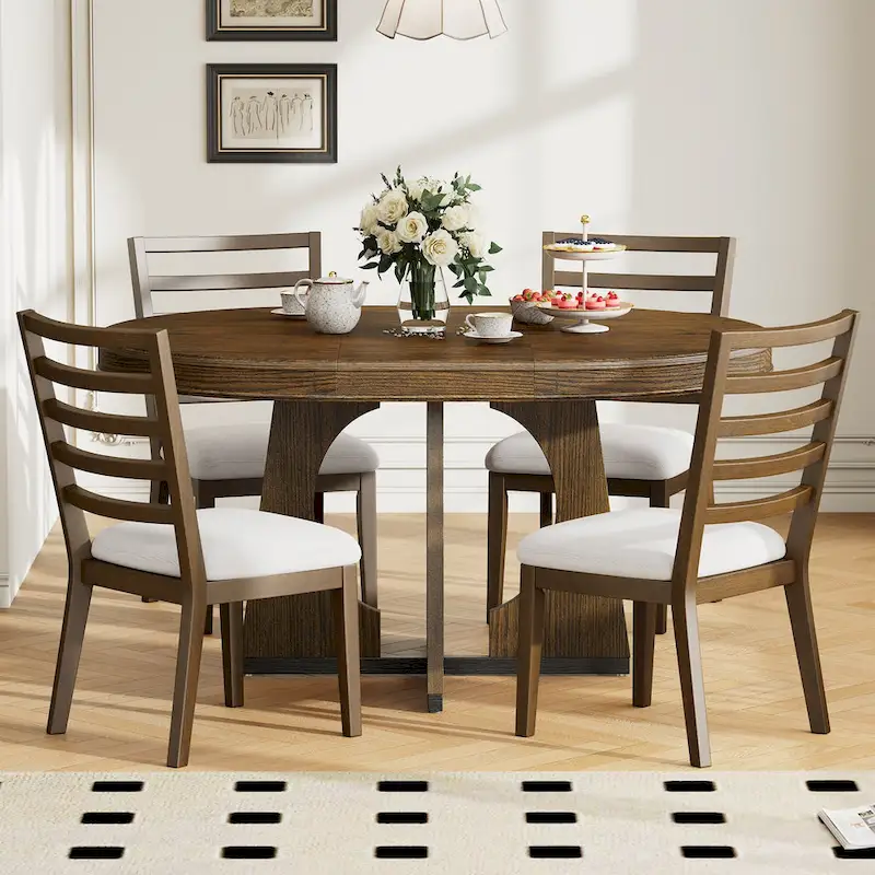 5-Piece Rustic Functional Dining Set, 1 Extendable Table with a 16-inch Leaf and 4 Upholstered Chairs