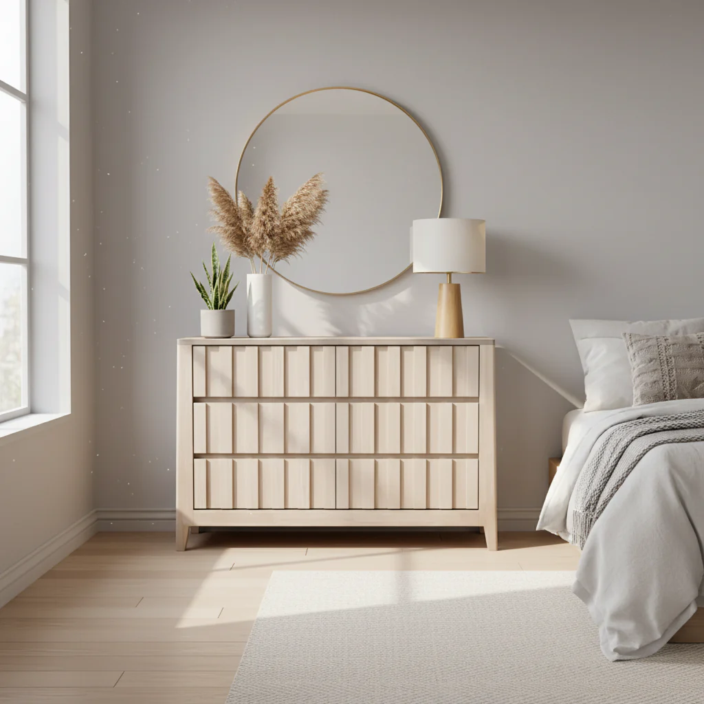 Mid-Century Modern Off-White Solid Wood 6-Drawer Double Dresser