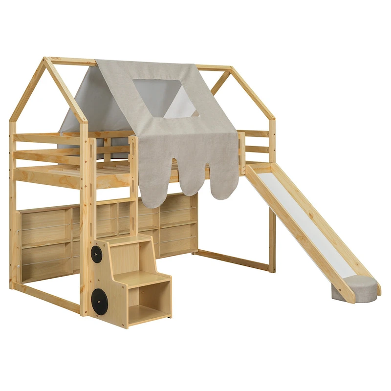 Twin Loft Bed with Play Tent and House Design, 250lb Capacity, Slide & Ladder