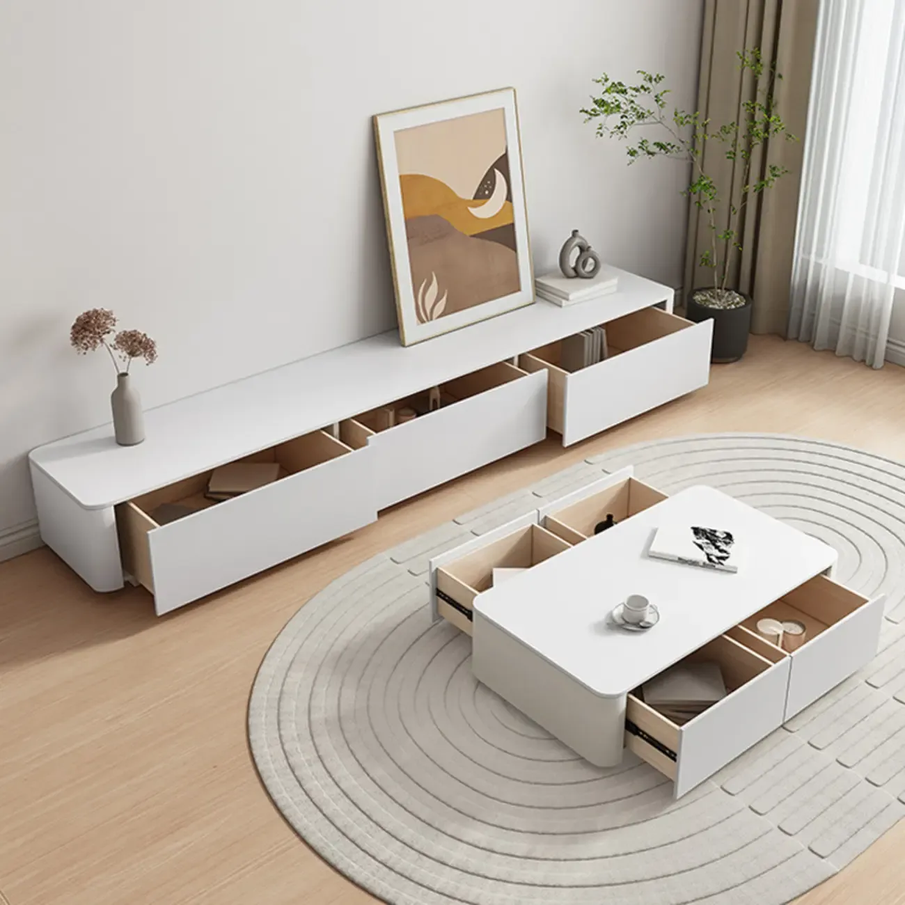 Modern White Wooden Long TV Stand with Drawers