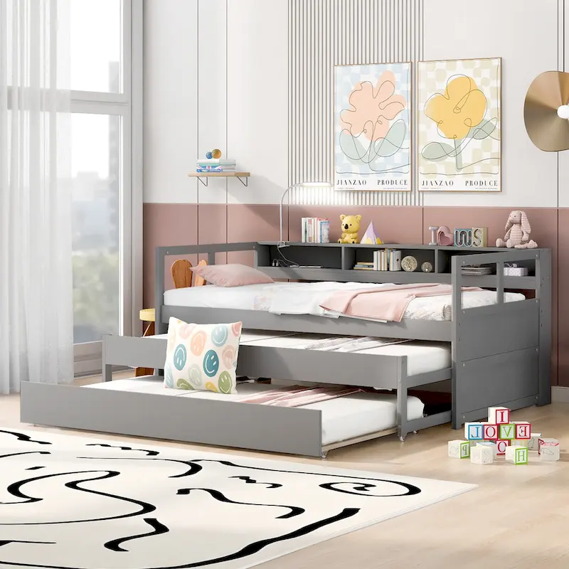 Twin XL Wood Daybed with 2 Trundles and USB Charging Design