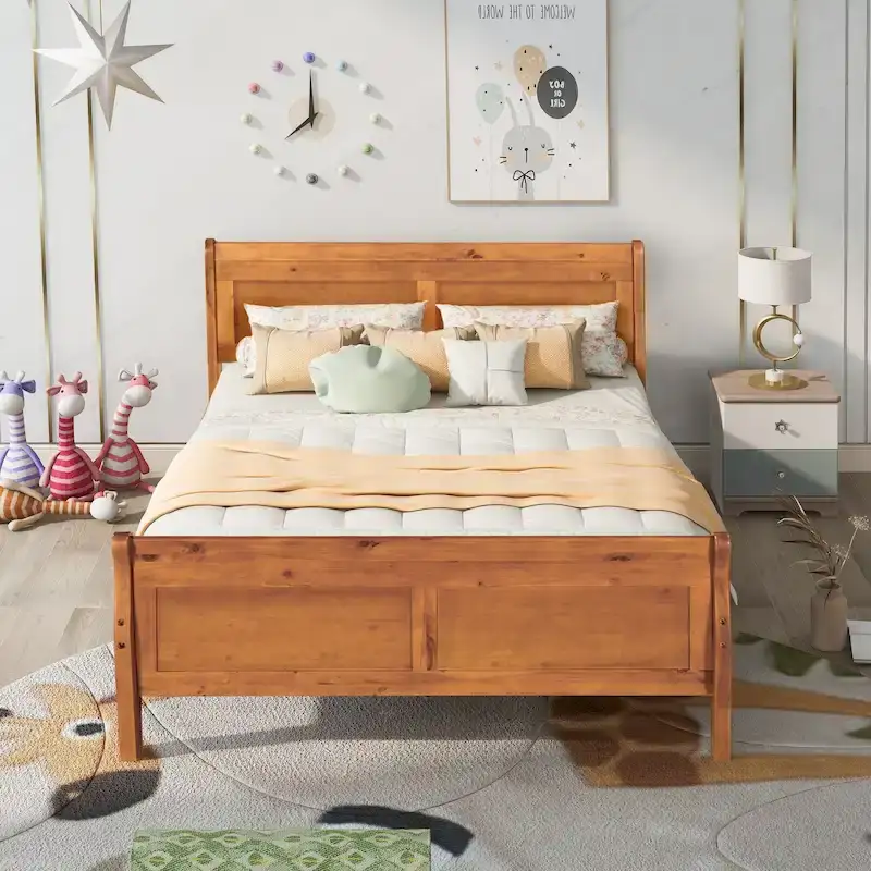 Full Size Wood Platform Bed with Headboard & Footboard, Oak/Espresso/White, 2-Person