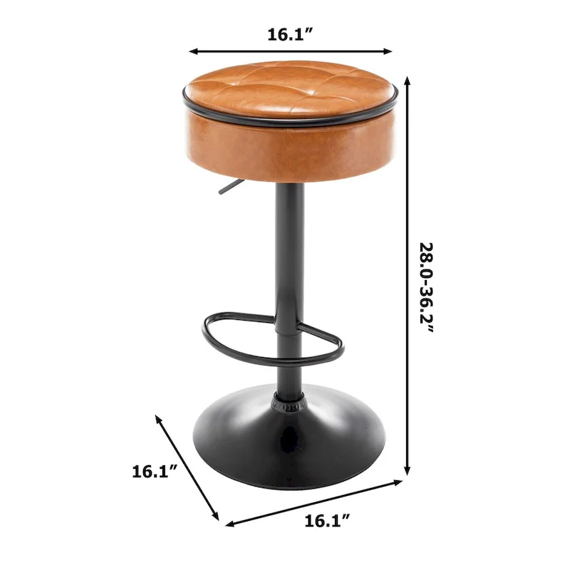 Round Storage Bar Stool Set of 2, Faux Leather Height Adjustable Barstool, 360Counter Height Swivel Stool, Armless Bar Chair
