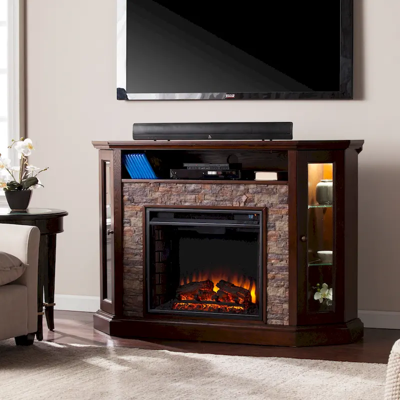 SEI Furniture Hermon Faux Stone Electric Fireplace Corner Media TV Stand for TV's up to 50