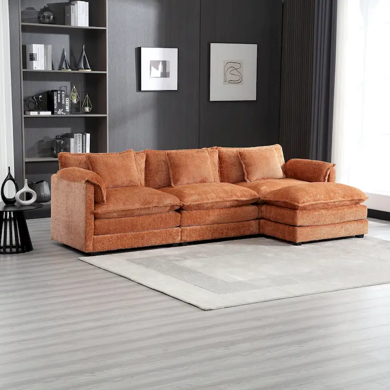 Orange 112.2  L-Shaped 4-Seat Sectional Sofa in Modern Boucle Fabric with Removable Cushions and Detachable Armrests