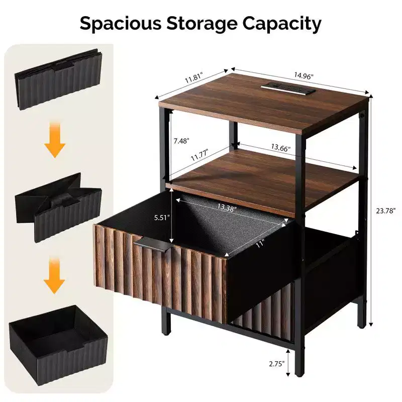 Karl Home 15 Inches Wide Nightstand - 2 Drawers, 1 Shelf, US Power Outlet - set of 2