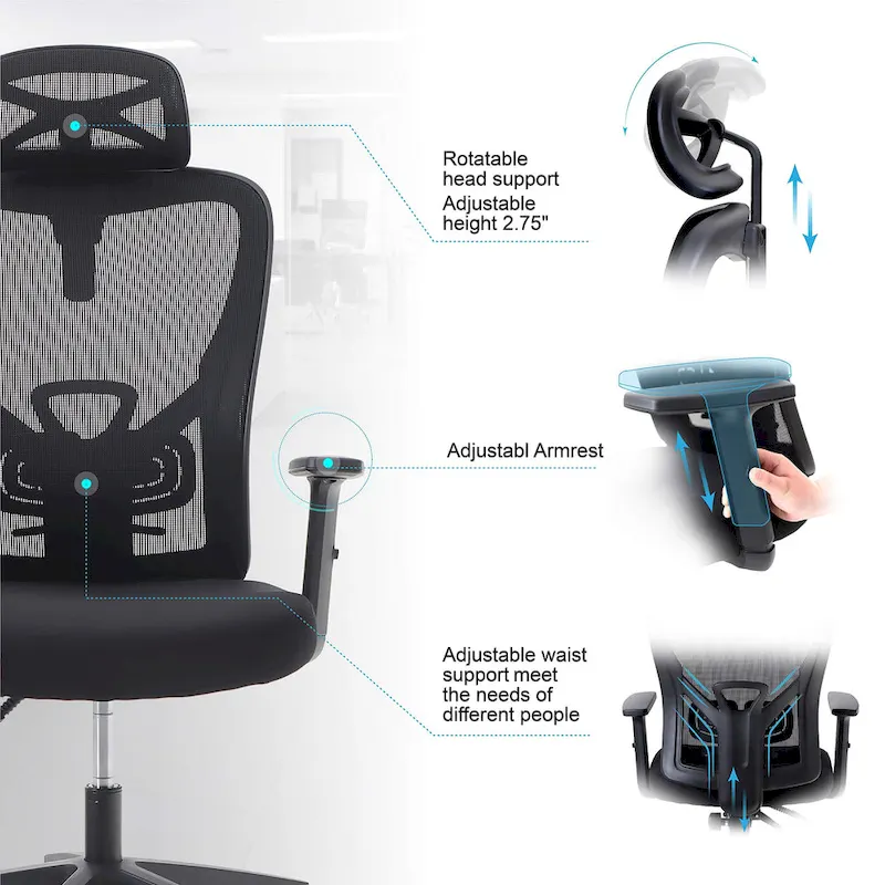 ALPHA HOME High Back Mesh Office Chair Adjustable Headrest, Armrest, Rolling Swivel Reclining Chair