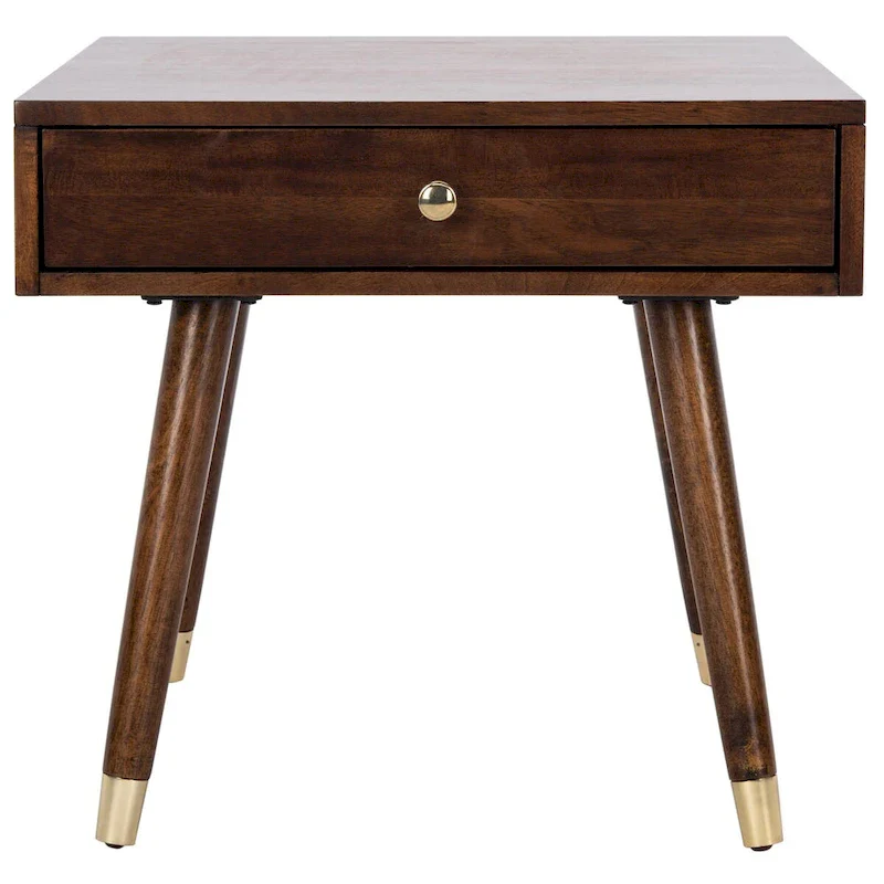 Mid-Century End Table with Brass Caps – Navy / White / Brown, Dark Wood, Single