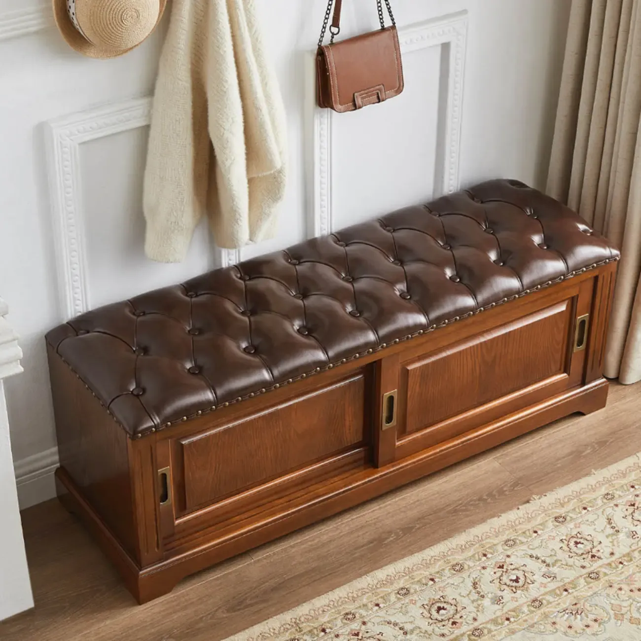 Retro Wood Upholstered Shoe Storage Bench with Sliding Doors