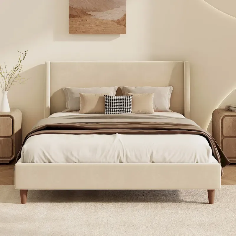 Luxurious Velvet Upholstered Platform Bed with Stylish Headboard