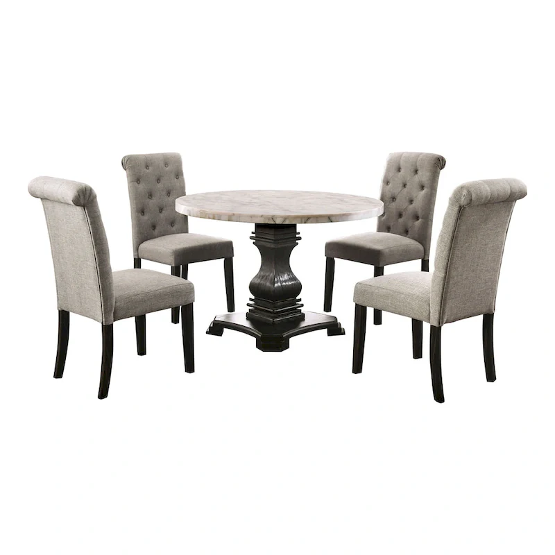 Brec Farmhouse Marble Top 5-Piece Round Dining Table Set with Tufted Chairs by
