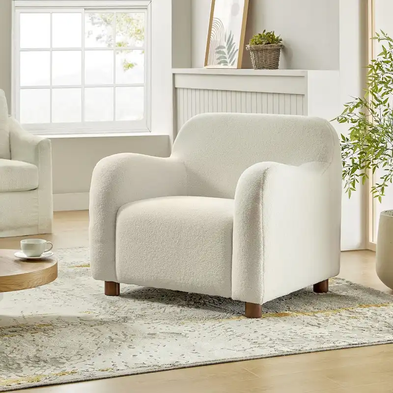 Wayne 35 Wide Boucle Upholstered Teddy Accent Chair with Solid Wood Legs by HULALA HOME