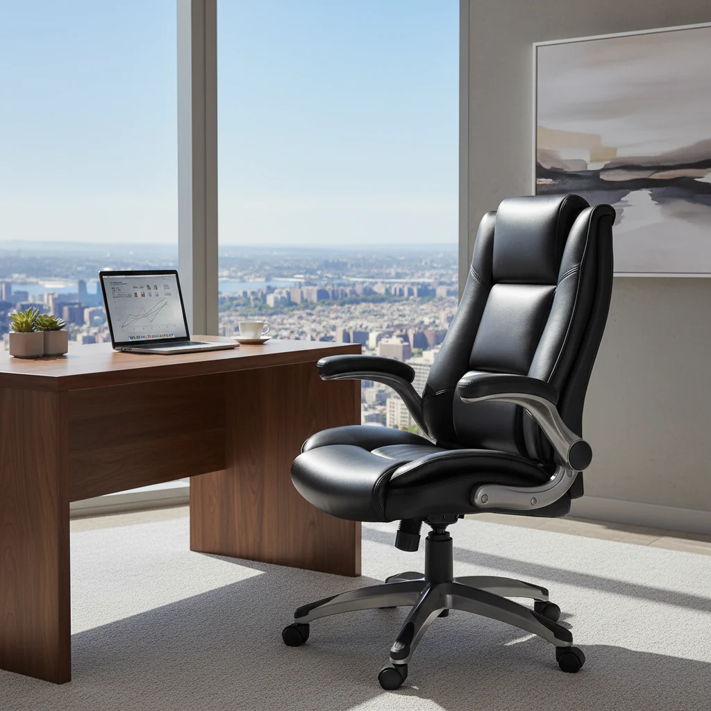 Leather Executive Office Chair- High Back Home Computer Desk Chair with Padded Flip-up Arms, Adjustable Tilt Lock