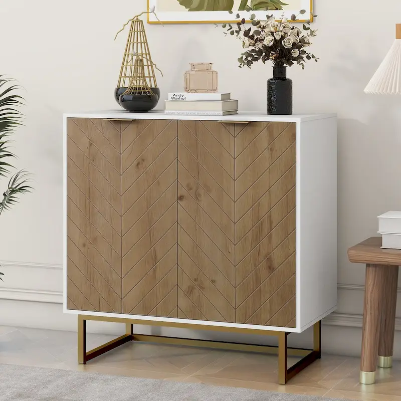White and Gold Storage Cabinet with 2 Doors, Modern Sideboard Cabinet, Kitchen Buffet with Sideboard Buffet for Living Room