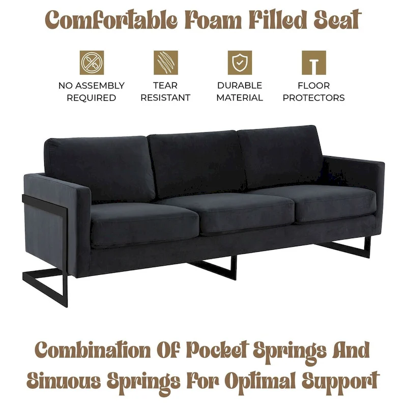 Leisuremod Lincoln 3-Seater Upholstered Velvet Sofa with Black Stainless-Steel Base