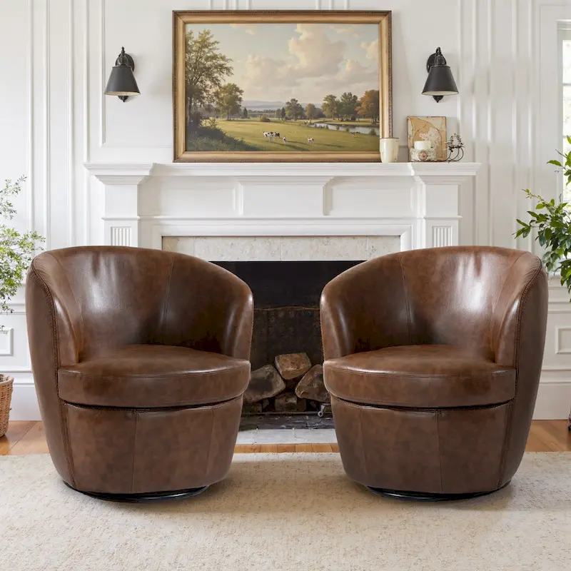 Modern Swivel Leather Accent Chair Upholstered Barrel Chair
