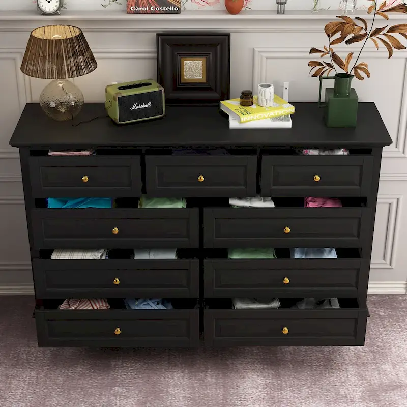 9-Drawer Dresser with Solid Wood Legs Chest Of Drawers Lacquer Console