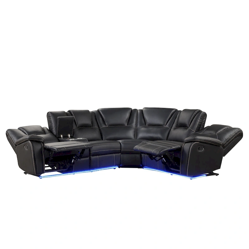 Modern Faux Leather Manual Reclining with Center Console with LED Light Strip,Living Room Furniture Set,PU Symmetrical Couch
