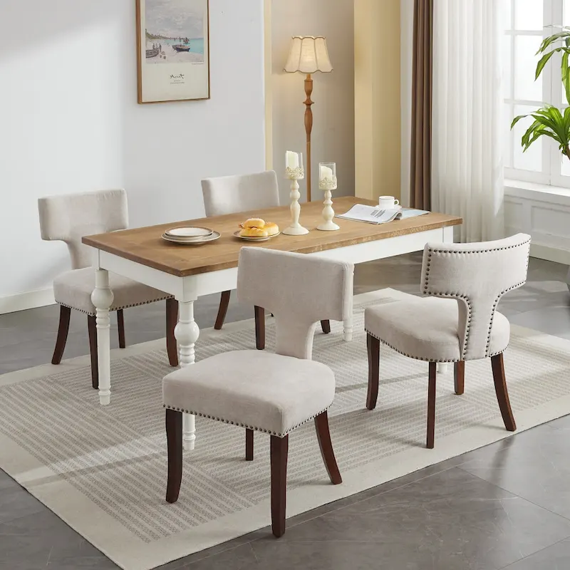 Modern Dining Chairs Set of 2, Linen Fabric Upholstered Accent Chair Curved Backrest Kitchen Chairs with Rubberwood Frame