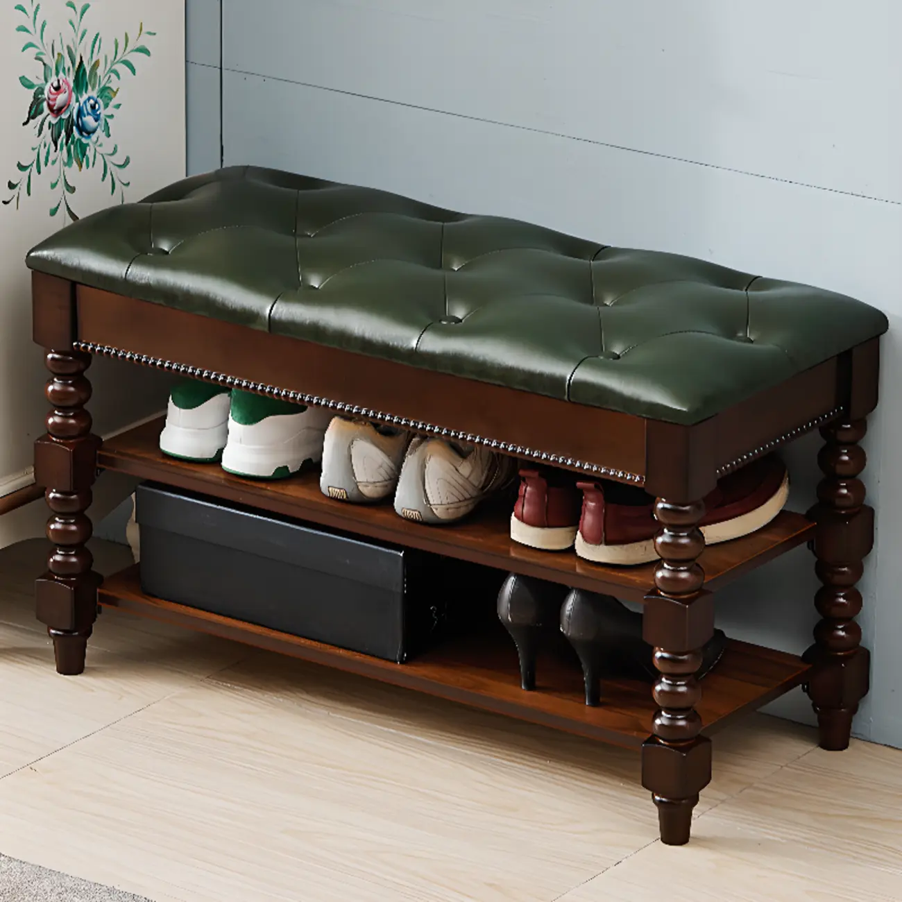 Antique Genuine Leather Flip-up Wood Bench with 2 Shelves