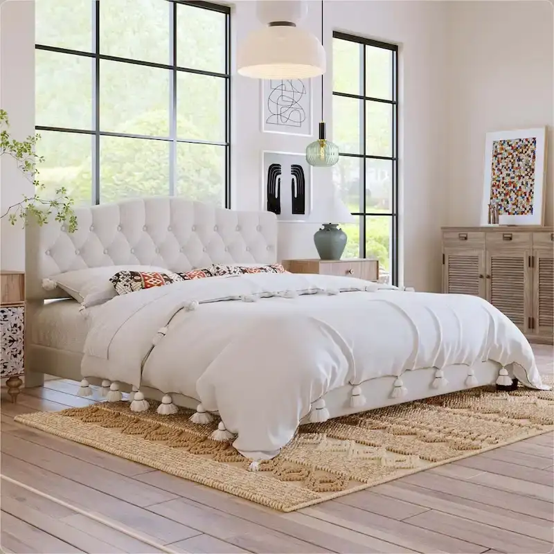 Beige Upholstered Platform Bed - King with Curved Headboard